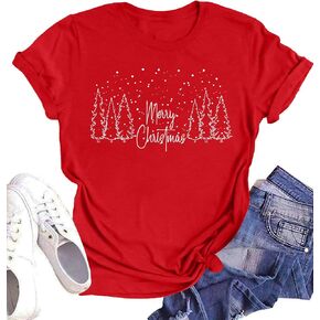 Believe Christmas Shirt for Women Christmas Tree Graphic T-Shirts Believe Letter Print Tees Holiday Tops