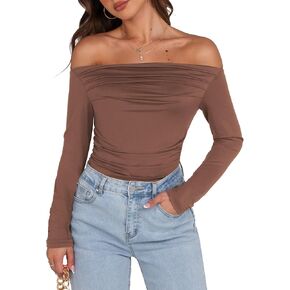 Sarin Mathews Women’s Off The Shoulder Tops Sexy Long Sleeve Shirts Y2K Ruched Slim Fit Going Out T Shirts Top Blouses