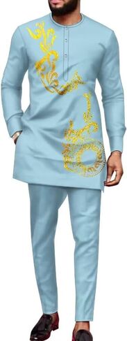 African Dashiki Outfits for Men African Suits Long Sleeve Print Shirts and Pant African Mens Clothing Wedding Wear in Kuwait