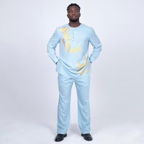 African Dashiki Outfits for Men African Suits Long Sleeve Print Shirts and Pant African Mens Clothing Wedding Wear in Kuwait