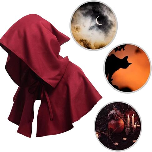 Medieval Hooded Cowl Cloak Halloween Hood Cowl Hat Wicca Pagan Hood Poncho Cosplay Costumes for Unisex Men Woman, Red in Kuwait