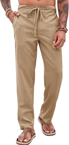 Runcati Mens Casual Pants Elastic Waist Drawstring Pants Lightweight Summer Beach Yoga Linen Trousers in Saudi Arabia