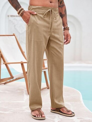 Runcati Mens Casual Pants Elastic Waist Drawstring Pants Lightweight Summer Beach Yoga Linen Trousers in Saudi Arabia