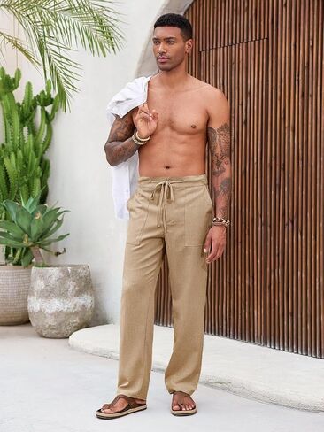 Runcati Mens Casual Pants Elastic Waist Drawstring Pants Lightweight Summer Beach Yoga Linen Trousers in Saudi Arabia