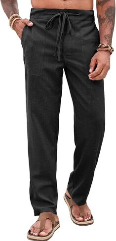 Runcati Mens Casual Pants Elastic Waist Drawstring Pants Lightweight Summer Beach Yoga Linen Trousers in Saudi Arabia
