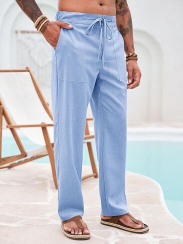 Runcati Mens Casual Pants Elastic Waist Drawstring Pants Lightweight Summer Beach Yoga Linen Trousers in Saudi Arabia