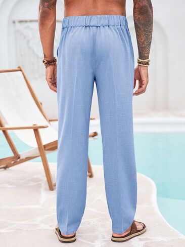Runcati Mens Casual Pants Elastic Waist Drawstring Pants Lightweight Summer Beach Yoga Linen Trousers in Saudi Arabia