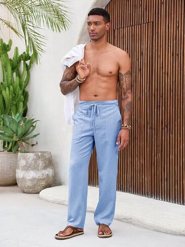 Runcati Mens Casual Pants Elastic Waist Drawstring Pants Lightweight Summer Beach Yoga Linen Trousers in Saudi Arabia