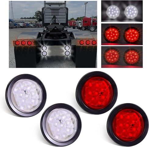 4PCS 4'' Round Led Trailer Tail Lights Kit（2 Red + 2 White）, 4 Inch 12 LED Stop Brake Turn Backup Reverse Running Lamps for Truck Semi Trailer RV Jeep, w/Grommets, 3-Prong Wire Pigtails in Kuwait