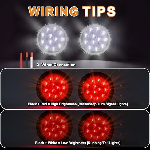 4PCS 4'' Round Led Trailer Tail Lights Kit（2 Red + 2 White）, 4 Inch 12 LED Stop Brake Turn Backup Reverse Running Lamps for Truck Semi Trailer RV Jeep, w/Grommets, 3-Prong Wire Pigtails in Kuwait