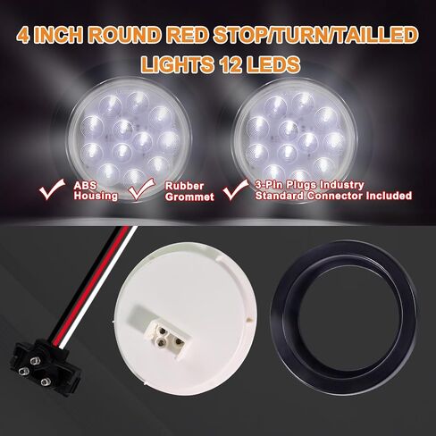 4PCS 4'' Round Led Trailer Tail Lights Kit（2 Red + 2 White）, 4 Inch 12 LED Stop Brake Turn Backup Reverse Running Lamps for Truck Semi Trailer RV Jeep, w/Grommets, 3-Prong Wire Pigtails in Kuwait