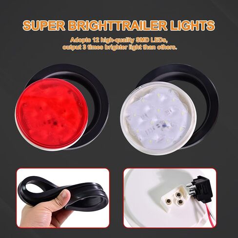 4PCS 4'' Round Led Trailer Tail Lights Kit（2 Red + 2 White）, 4 Inch 12 LED Stop Brake Turn Backup Reverse Running Lamps for Truck Semi Trailer RV Jeep, w/Grommets, 3-Prong Wire Pigtails in Kuwait