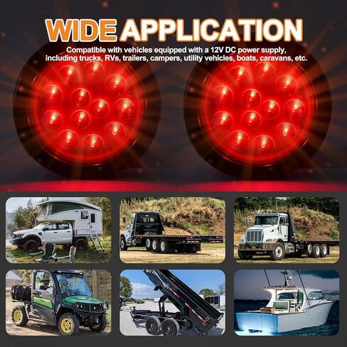 4PCS 4'' Round Led Trailer Tail Lights Kit（2 Red + 2 White）, 4 Inch 12 LED Stop Brake Turn Backup Reverse Running Lamps for Truck Semi Trailer RV Jeep, w/Grommets, 3-Prong Wire Pigtails in Kuwait