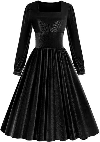 ODIZLI Women's Christmas Retro Dresses for Women Vintage Dress Long Sleeve Velvet Square Neck Swing Dress in Saudi Arabia