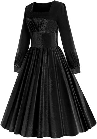 ODIZLI Women's Christmas Retro Dresses for Women Vintage Dress Long Sleeve Velvet Square Neck Swing Dress in Saudi Arabia