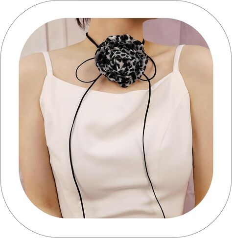 Vintage Leopard Print Flower Choker Necklace Long Suede Rope Lariat with Cloth Flower Handmade Floral Y Necklace Delicate Statement Accessories for Women in Kuwait