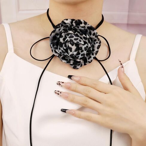 Vintage Leopard Print Flower Choker Necklace Long Suede Rope Lariat with Cloth Flower Handmade Floral Y Necklace Delicate Statement Accessories for Women in Kuwait