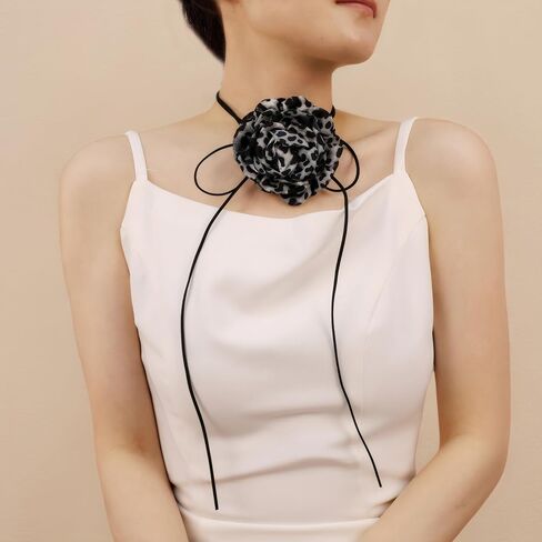 Vintage Leopard Print Flower Choker Necklace Long Suede Rope Lariat with Cloth Flower Handmade Floral Y Necklace Delicate Statement Accessories for Women in Kuwait