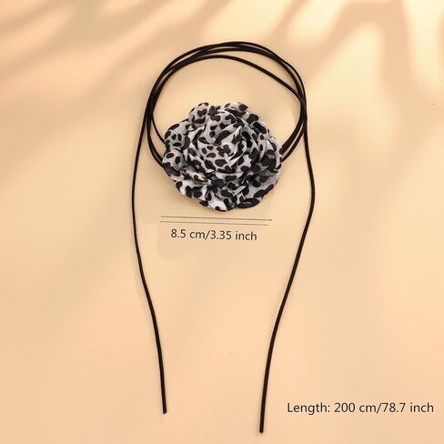 Vintage Leopard Print Flower Choker Necklace Long Suede Rope Lariat with Cloth Flower Handmade Floral Y Necklace Delicate Statement Accessories for Women in Kuwait