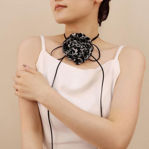 Vintage Leopard Print Flower Choker Necklace Long Suede Rope Lariat with Cloth Flower Handmade Floral Y Necklace Delicate Statement Accessories for Women in Kuwait