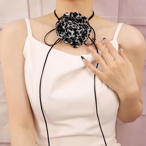 Vintage Leopard Print Flower Choker Necklace Long Suede Rope Lariat with Cloth Flower Handmade Floral Y Necklace Delicate Statement Accessories for Women in Kuwait