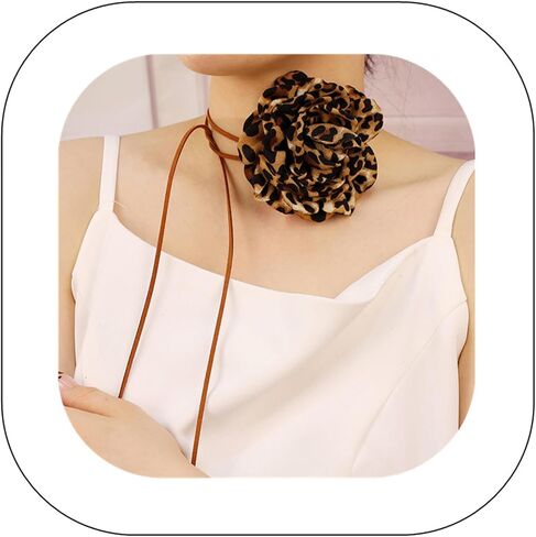 Vintage Leopard Print Flower Choker Necklace Long Suede Rope Lariat with Cloth Flower Handmade Floral Y Necklace Delicate Statement Accessories for Women in Kuwait