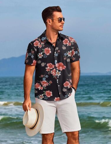 COOFANDY Mens Hawaiian Shirts Short Sleeve Floral Button Down Shirt Tropical Casual Summer Beach Shirts in Saudi Arabia