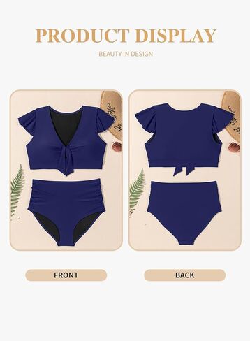 بدلة سباحة بيكيني للسيدات من Eytino مقاس كبير مكونة من قطعتين وأكمام مكشكشة وخصر عالي للتحكم في البطن (1X-5X) in Kuwait