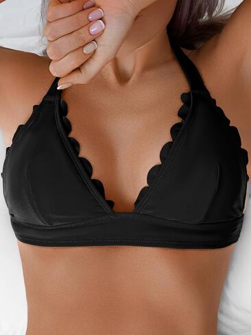 WODECASA Women's Scallop Trim Halter Triangle Bikini Set V Neck Tie Back High Cut Two Piece Swimsuit Bathing Suit in Saudi Arabia