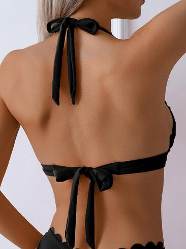 WODECASA Women's Scallop Trim Halter Triangle Bikini Set V Neck Tie Back High Cut Two Piece Swimsuit Bathing Suit in Saudi Arabia