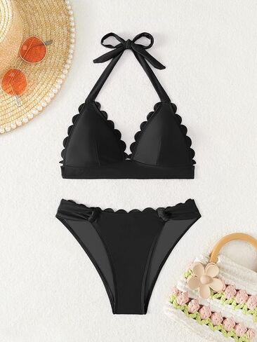 WODECASA Women's Scallop Trim Halter Triangle Bikini Set V Neck Tie Back High Cut Two Piece Swimsuit Bathing Suit in Saudi Arabia