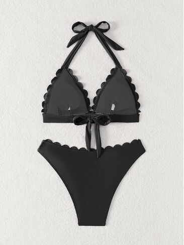 WODECASA Women's Scallop Trim Halter Triangle Bikini Set V Neck Tie Back High Cut Two Piece Swimsuit Bathing Suit in Saudi Arabia