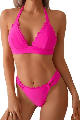 WODECASA Women's Scallop Trim Halter Triangle Bikini Set V Neck Tie Back High Cut Two Piece Swimsuit Bathing Suit in Saudi Arabia