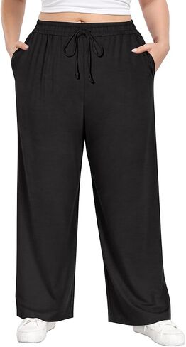 TIYOMI Plus Size Wide Leg Sweatpants for Women Drawstring Elastic Yoga Pants with Pockets XL-5XL in Kuwait