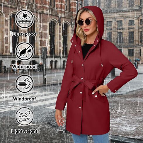 Women's Raincoat Lightweight Rain Jacket Waterproof with Hood Trench Coat with Belt in Saudi Arabia