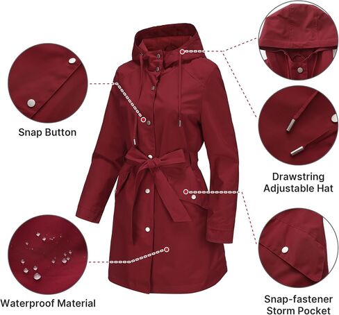 Women's Raincoat Lightweight Rain Jacket Waterproof with Hood Trench Coat with Belt in Saudi Arabia