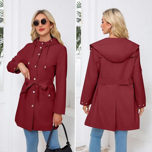 Women's Raincoat Lightweight Rain Jacket Waterproof with Hood Trench Coat with Belt in Saudi Arabia