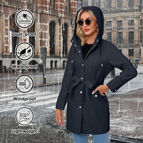 Women's Raincoat Lightweight Rain Jacket Waterproof with Hood Trench Coat with Belt in Saudi Arabia