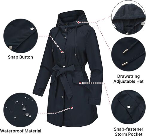 Women's Raincoat Lightweight Rain Jacket Waterproof with Hood Trench Coat with Belt in Saudi Arabia