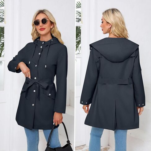 Women's Raincoat Lightweight Rain Jacket Waterproof with Hood Trench Coat with Belt in Saudi Arabia