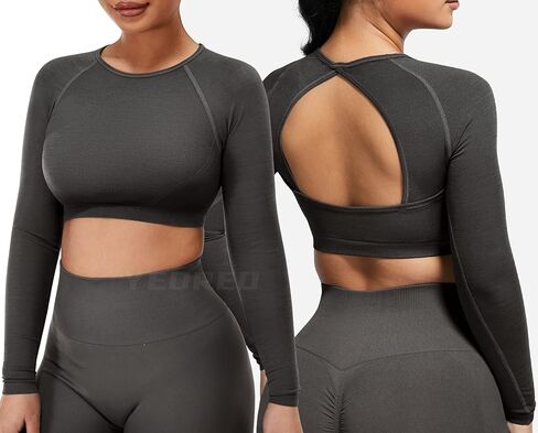 YEOREO قمصان نسائية للتمرين بأكمام طويلة بدون خياطة للجيم، قمصان مفتوحة من الخلف، تي شيرت لليوجا in Kuwait