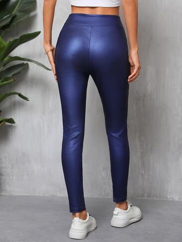 MakeMeChic Women's Metallic PU Leather Pants Zipper Skinny Club Trousers Skinny Leggings in Saudi Arabia