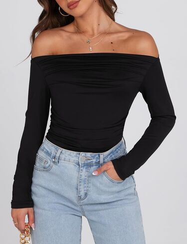 Sarin Mathews Women’s Off The Shoulder Tops Sexy Long Sleeve Shirts Y2K Ruched Slim Fit Going Out T Shirts Top Blouses in Kuwait