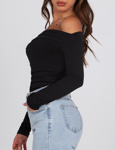 Sarin Mathews Women’s Off The Shoulder Tops Sexy Long Sleeve Shirts Y2K Ruched Slim Fit Going Out T Shirts Top Blouses in Kuwait
