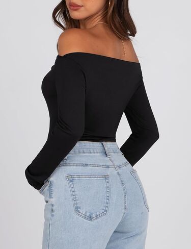 Sarin Mathews Women’s Off The Shoulder Tops Sexy Long Sleeve Shirts Y2K Ruched Slim Fit Going Out T Shirts Top Blouses in Kuwait