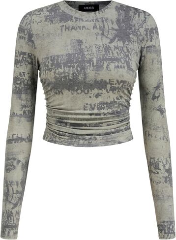 CIDER Women’s Round Neck Tie Dye Ruched Long Sleeve Fitted Crop Top Graphic Y2K Grunge Shirts in Saudi Arabia
