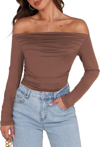 Sarin Mathews Women’s Off The Shoulder Tops Sexy Long Sleeve Shirts Y2K Ruched Slim Fit Going Out T Shirts Top Blouses in Kuwait