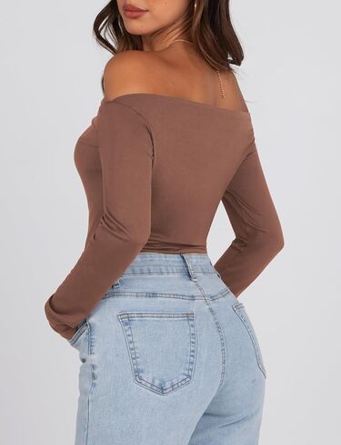 Sarin Mathews Women’s Off The Shoulder Tops Sexy Long Sleeve Shirts Y2K Ruched Slim Fit Going Out T Shirts Top Blouses in Kuwait