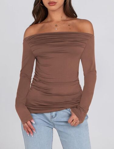 Sarin Mathews Women’s Off The Shoulder Tops Sexy Long Sleeve Shirts Y2K Ruched Slim Fit Going Out T Shirts Top Blouses in Kuwait