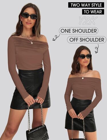 Sarin Mathews Women’s Off The Shoulder Tops Sexy Long Sleeve Shirts Y2K Ruched Slim Fit Going Out T Shirts Top Blouses in Kuwait